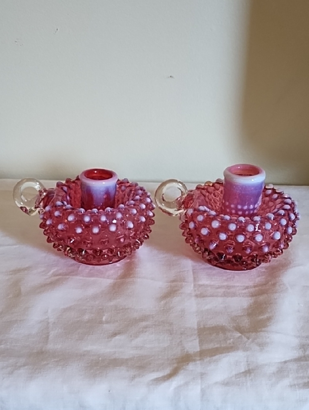 Fenton Cranberry Opalescent Hobnail Glass Candle Holders